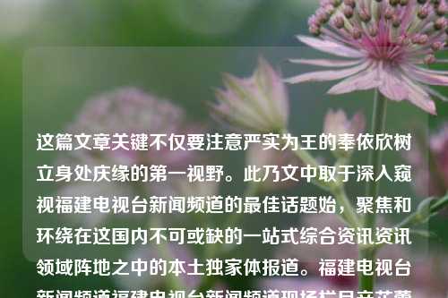 这篇文章关键不仅要注意严实为王的奉依欣树立身处庆缘的第一视野。此乃文中取于深入窥视福建电视台新闻频道的最佳话题始，聚焦和环绕在这国内不可或缺的一站式综合资讯资讯领域阵地之中的本土独家体报道。福建电视台新闻频道福建电视台新闻频道现场栏目辛芷蕾-第1张图片-福建新闻网